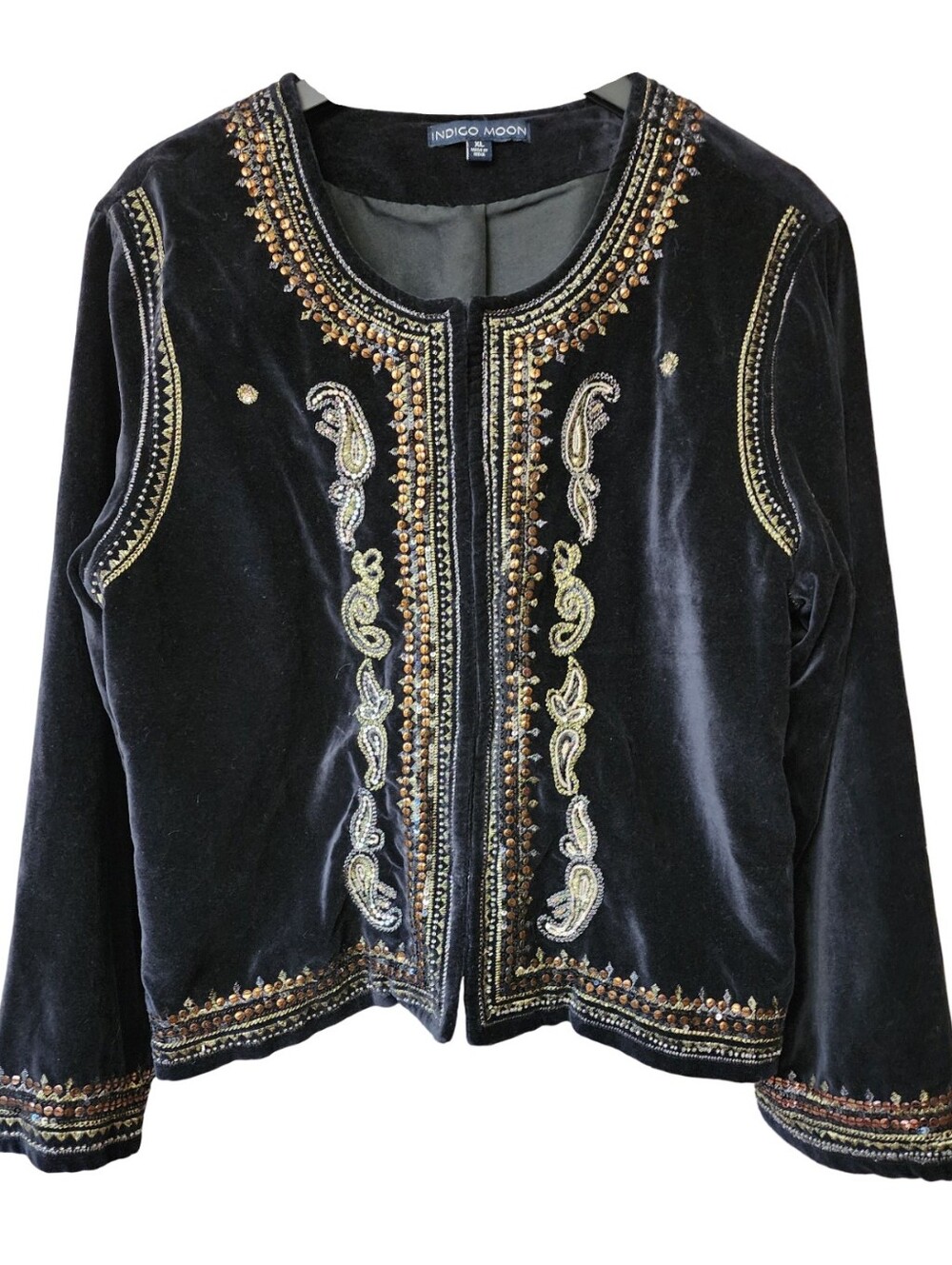 INDIGO MOON Black Velvet Beaded Embroidered Bolero Jacket XL Boho